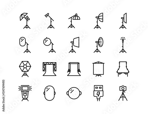 Photography Studio Equipment Vector Icon Set – Flashes, Lighting, Softbox, Tripod, Background, Product Photography Table, Studio Flash, Reflector, Lightbox, Cable, Photography Accessories