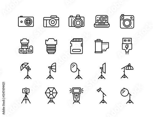 Photography Gear Vector Icon Set – DSLR Camera, Digital Camera, Lens, Filmstrip, SD Card, Tripod, Studio Flash, Reflector, Lightbox, Umbrella, Diffuser, Camera Cable, Memory Card