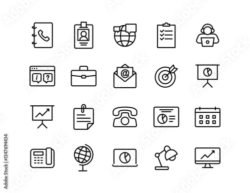Business and Office Vector Icon Set – Contacts Book, ID Card, Checklist, Laptop, Briefcase, Email, Target, Presentation, Calendar, Phone, Pie Chart, Globe, Computer, Lamp