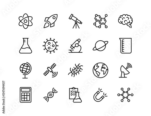 Science Vector Icon Set – Atom, Rocket, Telescope, Molecules, Brain, Microscope, DNA, Planet, Satellite, Bacteria, Virus, Calculator, Flask, Beaker, Globe, Radar, Test Results