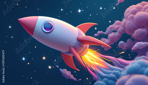 Fototapeta Naklejka Na Ścianę i Meble -  A cartoon rocket ship flies through a starry night sky