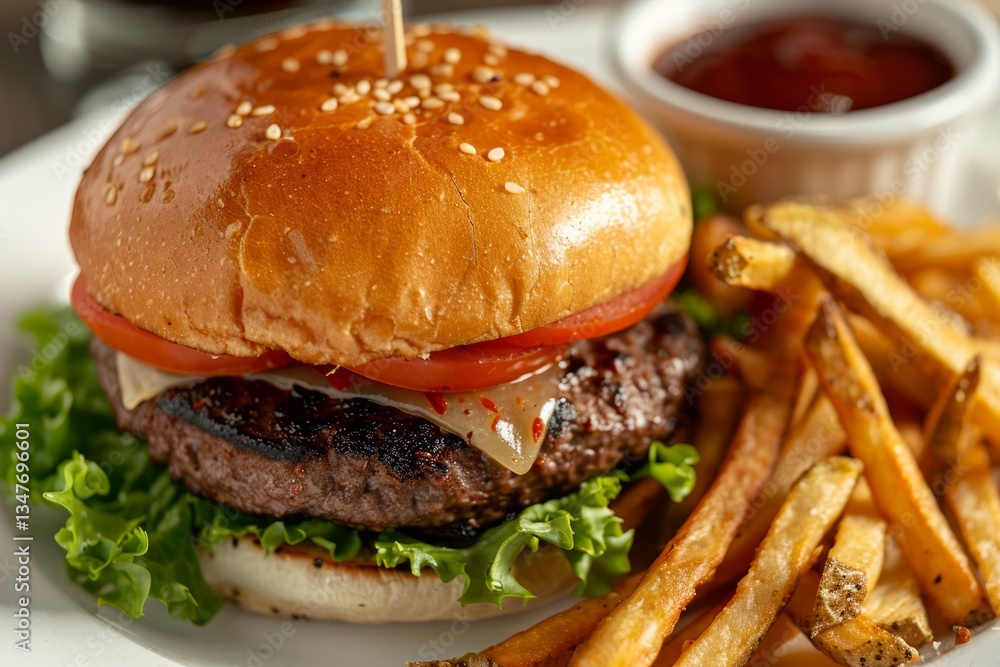 Juicy burger with fries on rustic table. Artificial intelligence image Juicy burger with fries on rustic table. Artificial intelligence image