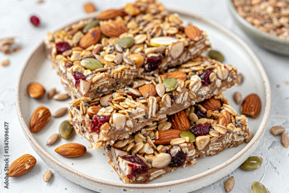 Granola bars on gray plate with nut and seed toppings. Artificial intelligence image Granola bars on gray plate with nut and seed toppings. Artificial intelligence image