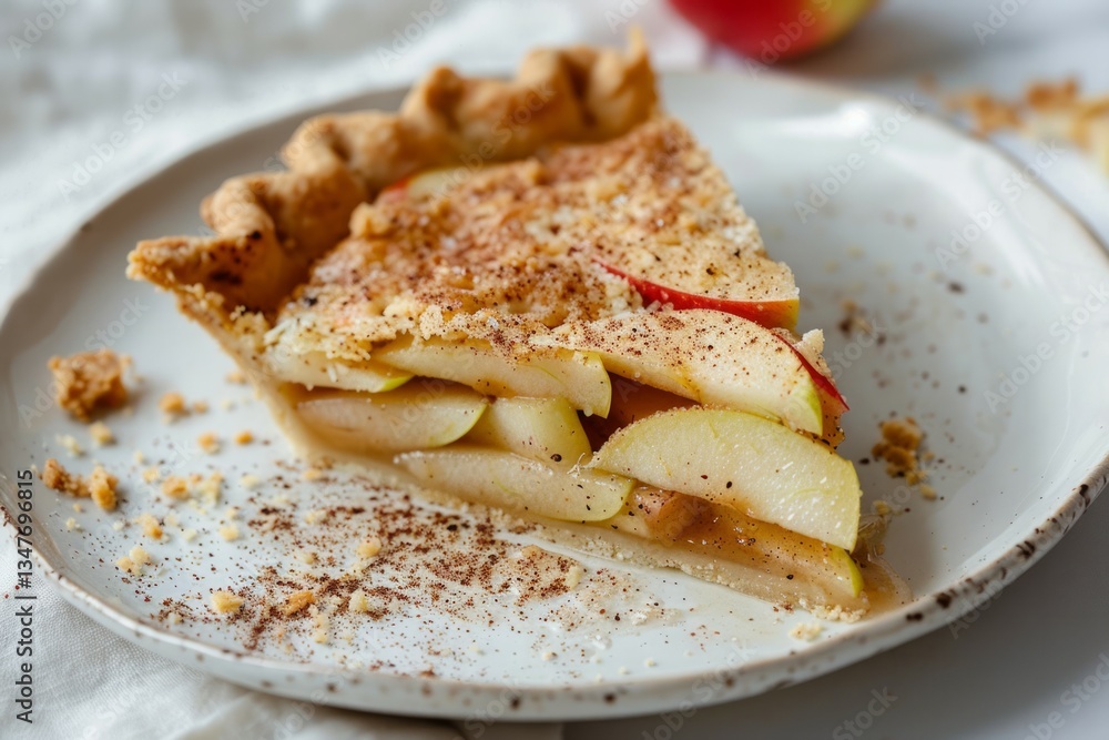 Slice of fresh apple pie on ceramic plate with cinnamon. Artificial intelligence image Slice of fresh apple pie on ceramic plate with cinnamon. Artificial intelligence image