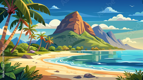 Beautiful sandy beach with Le Morne Brabant mountain on the south of Mauritius island. Tropical landscape.