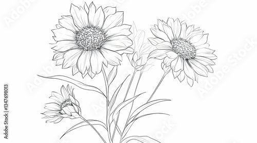 Wallpaper Mural Line drawing of three sunflowers, a bud, and leaves on a white background; for botanical illustrations, greeting cards, or website design Torontodigital.ca