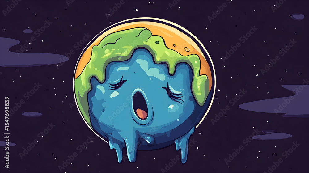 Fototapeta premium Melting Earth cartoon in space; climate change illustration; environmental awareness campaign