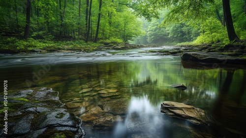 Serene forest stream, misty morning, calm water, green canopy, nature photography, peaceful scene