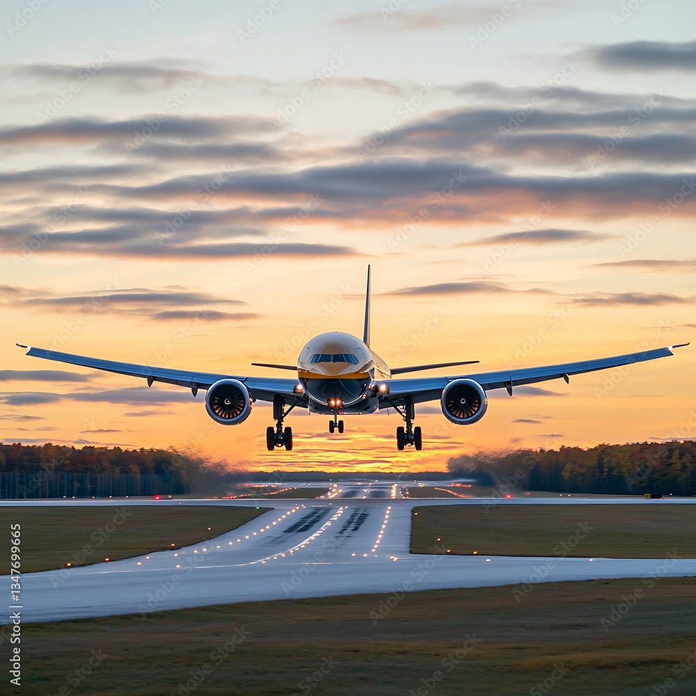 Obraz premium Airplane Landing Sunset Runway Approach.