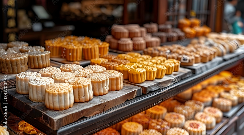 Assorted Mooncakes Displayed In Asian Market