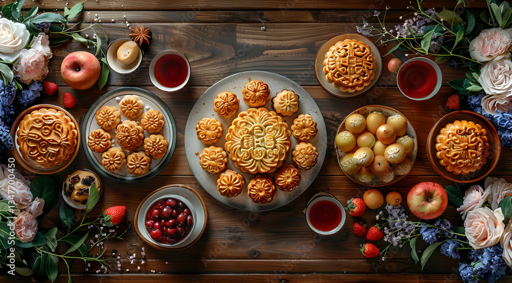 Assorted Mooncakes And Fruits On Wooden Table