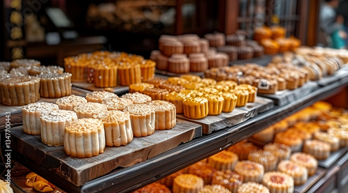 Obraz na płótnie Assorted Mooncakes Displayed In Asian Market w salonie