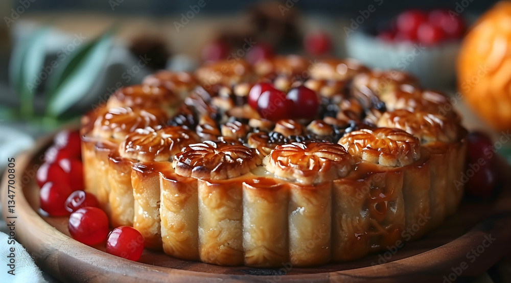 Baked Cranberry Pie On Wooden Plate With Festive Setting