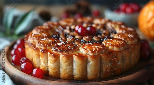 Obraz na płótnie Baked Cranberry Pie On Wooden Plate With Festive Setting w salonie