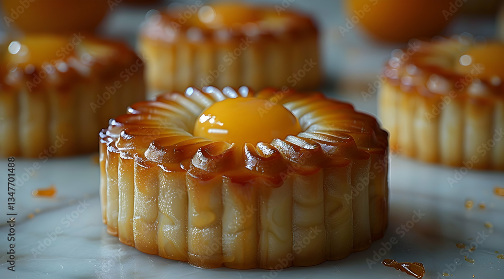 Close Up Of Golden Glazed Round Pastries With Yellow Egg Yolk