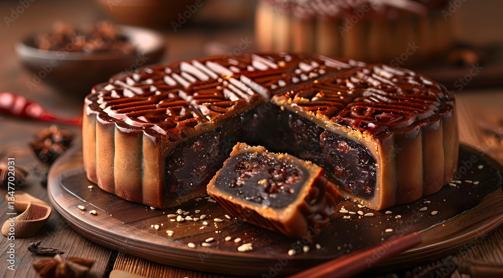 Close Up Sliced Mooncake With Dark Brown Filling On Wooden Plate
