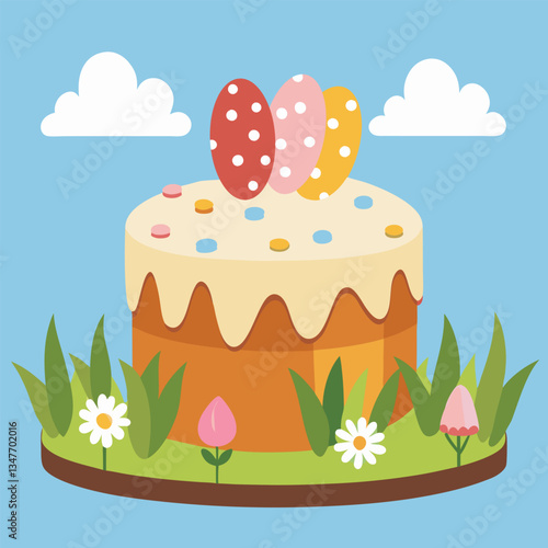 Easter illustration of a cake with creamy frosting and colorful eggs on top, set on grass with flowers under a blue sky with clouds. Ideal for cards or decor. EPS 10
