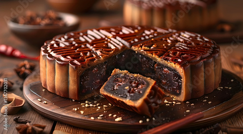 Obraz na płótnie Close Up Sliced Mooncake With Dark Brown Filling On Wooden Plate w salonie