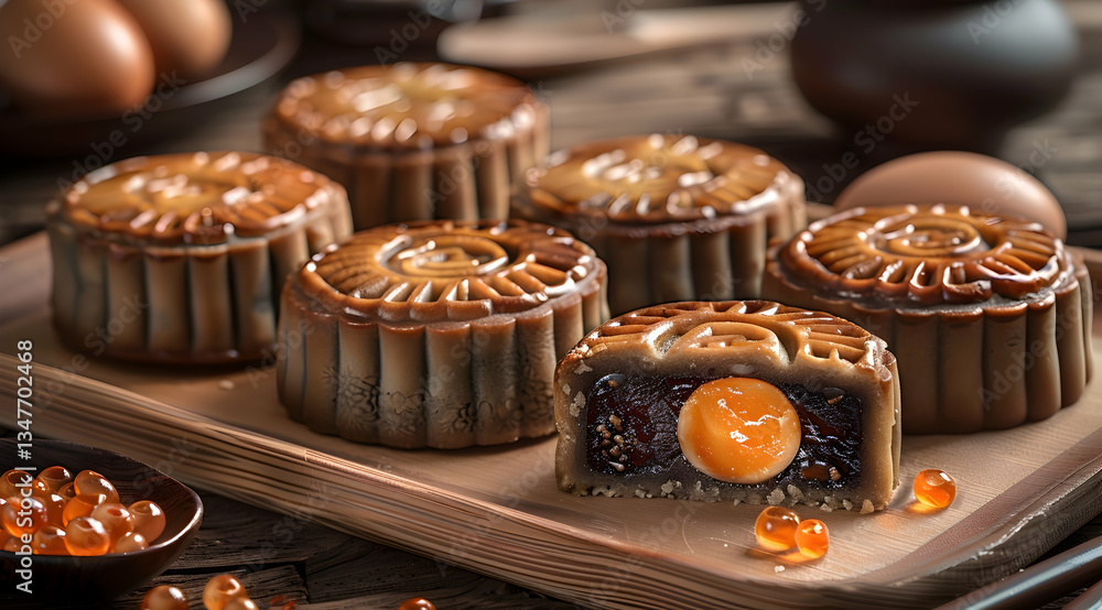 Dark Brown Mooncakes With Golden Egg Filling On Wooden Tray
