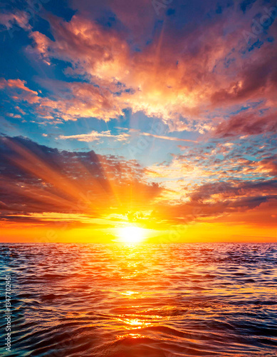 Atardecer sobre el mar, con destellos del sol amarillo y rojo.