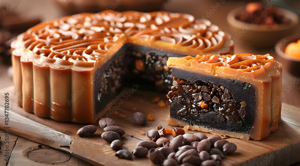 Delicious Sliced Mooncake With Brown Filling On Wooden Board