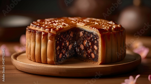 Delicious Sliced Mooncake On Wooden Plate