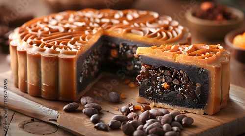 Obraz na płótnie Delicious Sliced Mooncake With Brown Filling On Wooden Board w salonie