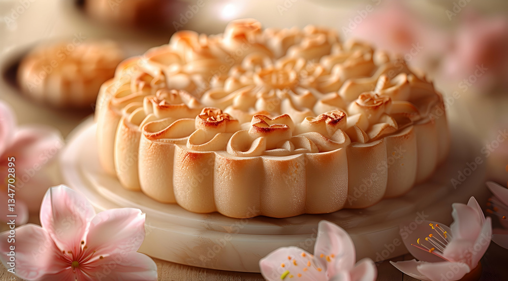 Elegant Floral Mooncake Dessert With Pink Flowers