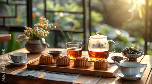 Obraz na płótnie Elegant Mid-Autumn Tea Ceremony With Mooncakes w salonie
