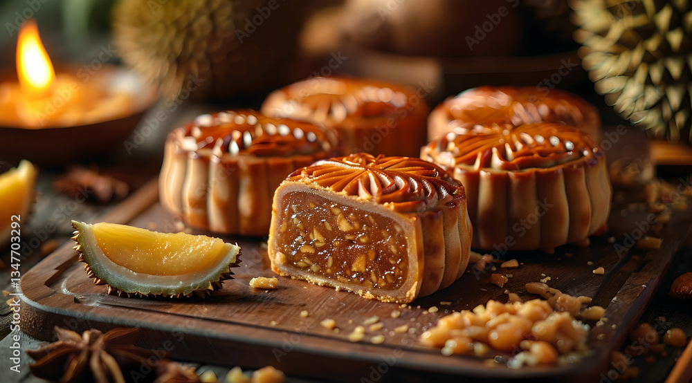 Golden Brown Mid-Autumn Mooncakes On Wooden Board