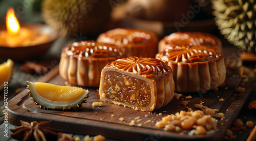 Golden Brown Mid-Autumn Mooncakes On Wooden Board