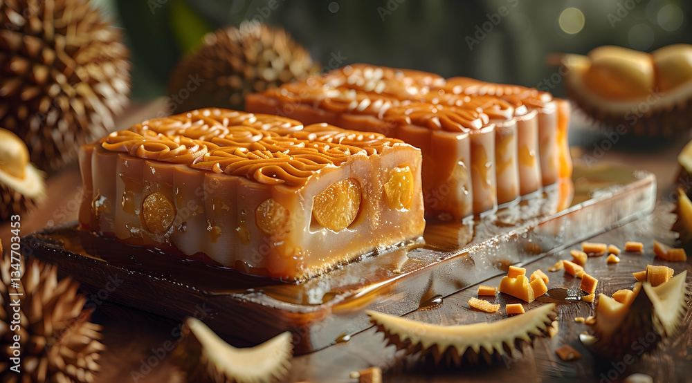 Golden Brown Mooncakes Displayed On Wooden Board With Durian