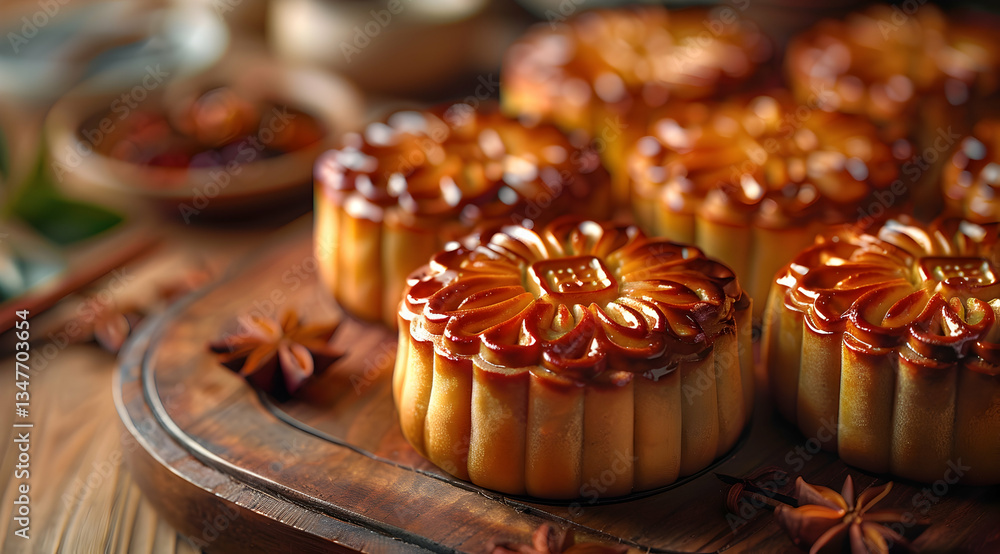 Golden Brown Mooncakes On Wooden Tray With Spices