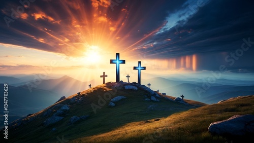 A group of crosses on top of a hill with a sunset in the background.