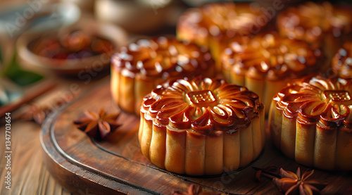 Obraz na płótnie Golden Brown Mooncakes On Wooden Tray With Spices w salonie