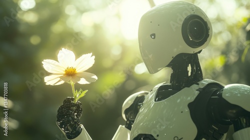 A robot is holding a flower in its hand. The robot is white and black in color. The scene is set in a forest with lots of trees and greenery