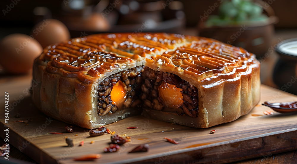 Golden Mooncake Slices With Egg Yolk Filling On Wooden Board