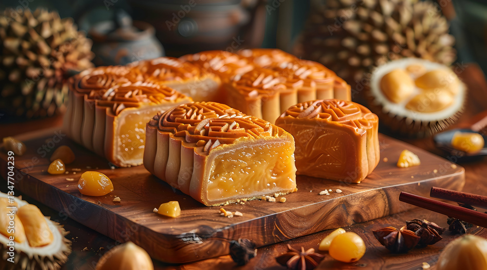 Golden Mooncakes On Wooden Board With Spices And Fruits