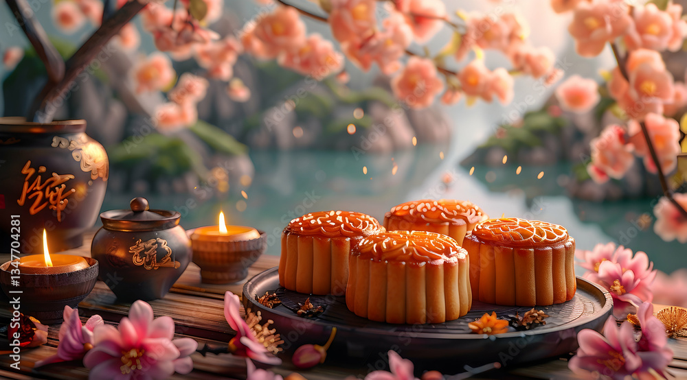 Golden Mooncakes On Wooden Tray Beside Lake Under Cherry Blossoms