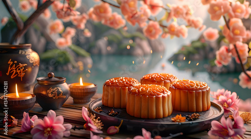 Obraz na płótnie Golden Mooncakes On Wooden Tray Beside Lake Under Cherry Blossoms w salonie