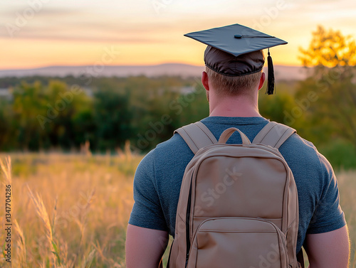 Student in cap and backpack stands in golden field, ready for life's next chapter. Warm sunset glow highlights transition from education to new opportunities and career paths.