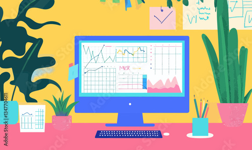 Colorful Workspace with Charts for Monthly Report Creation in Flat Vector Style