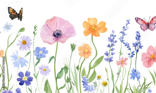 Vibrant Summer Floral Illustration with Poppies, Butterflies, Chamomile, Lavender, and Cornflowers