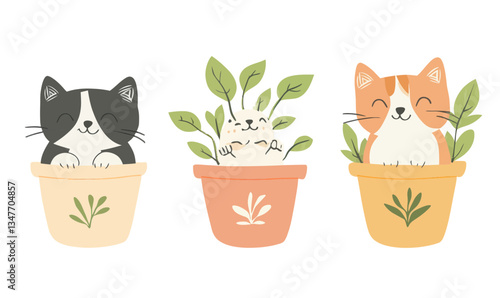 Playful Kittens in Flower Pots Minimalist Vector Art for Cute Sticker Design