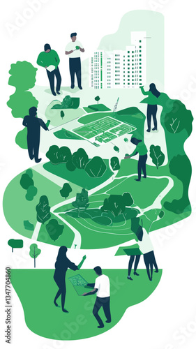 Urban Planners Designing Green Space with Models and Maps in Minimalist Vector Style