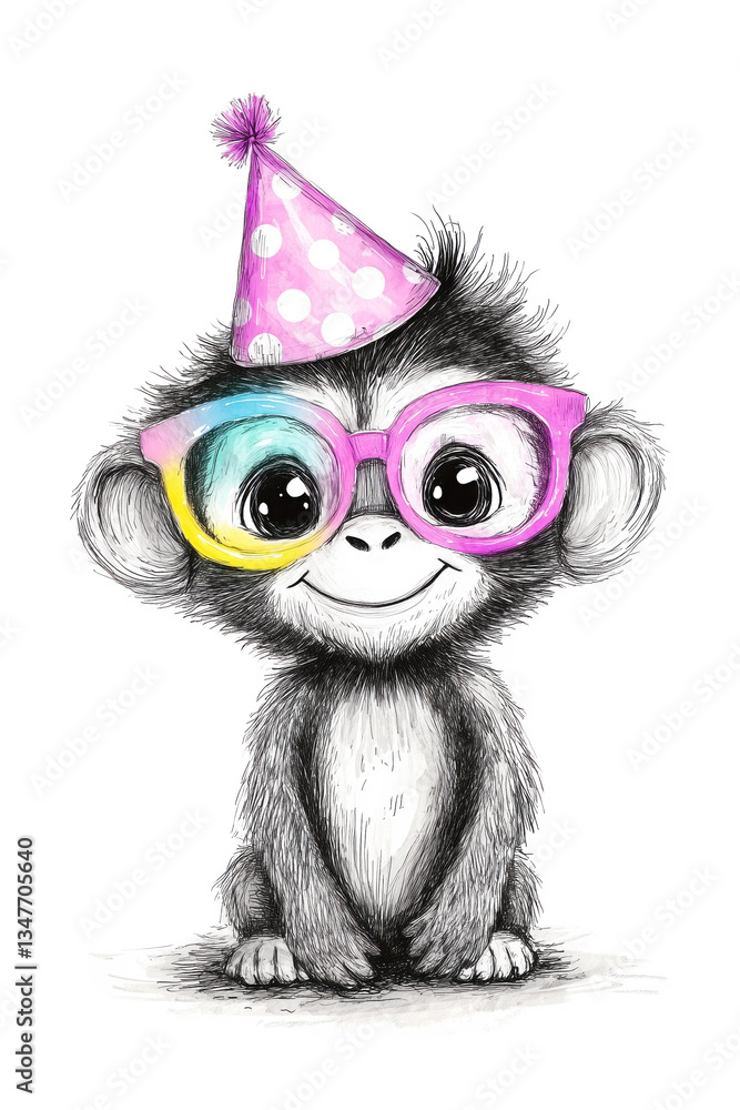 Obraz premium Cute Baby Monkey with Colorful Festive Party Hat and Glasses Portrait Graphic Isolated on White Background