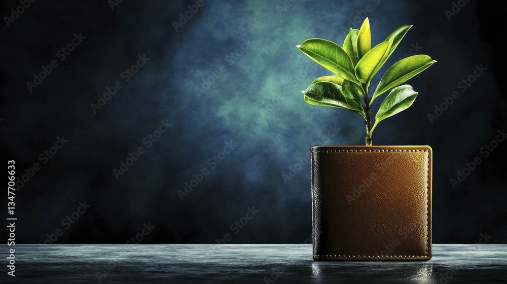 Render a plant sprouting from a wallet, featuring gentle greens and earthy browns to represent flourishing financial well-being. Render a plant sprouting from a wallet, featuring gentle greens and earthy browns to represent flourishing financial well-being.
