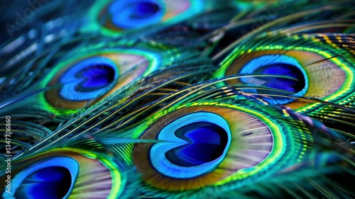Close-up of vibrant peacock feathers with iridescent colors.