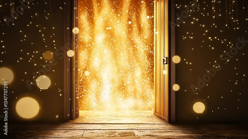 A bright, open doorway illuminates a dark room with hanging twinkling lights, emanating ethereal energy.