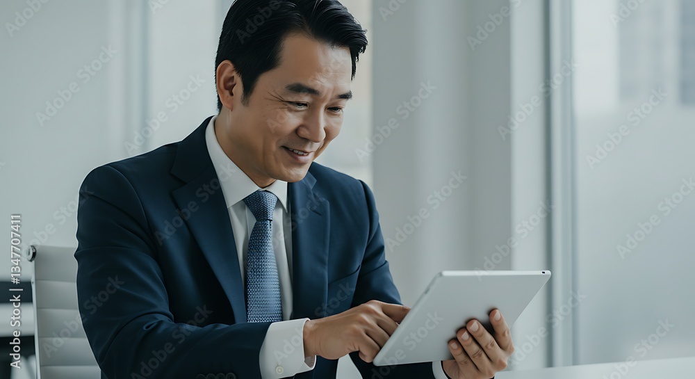 Smiling Businessman Using Tablet: A Serene Professional Portrait Smiling Businessman Using Tablet: A Serene Professional Portrait